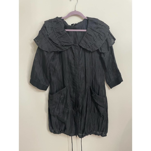 Simon Chang Black Jacket Dress Ruffle Neck 3/4 sleeves SZ 10 Tunic Long Top - Picture 2 of 14